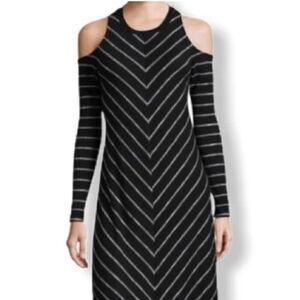 A.N.A NWT S black v pattern striped cold shoulder long sleeve fit and flare dres